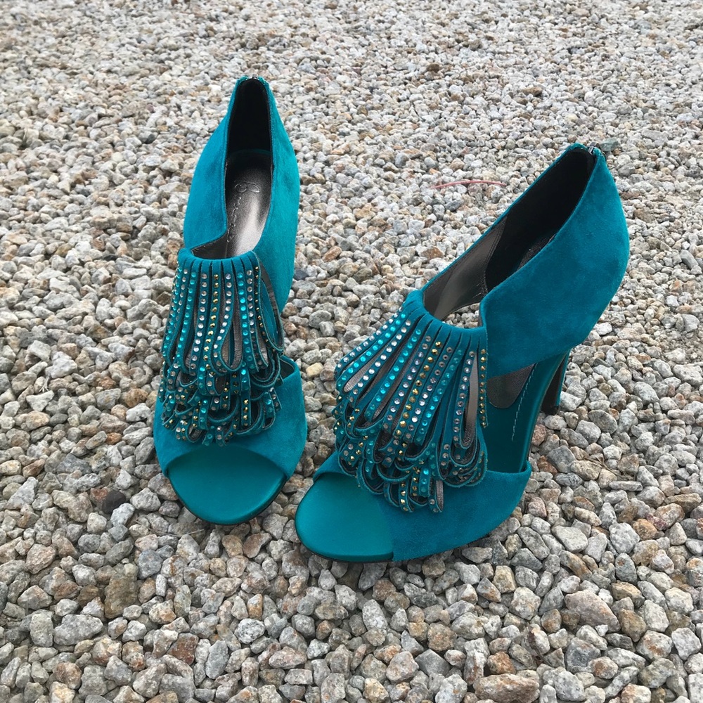 Bourne Turquoise Pep-Toe Fringe Heels